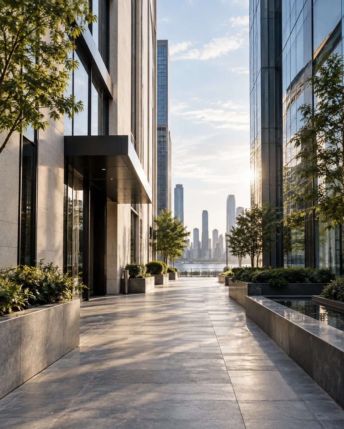 Sunlit city walkway between stone and glass buildings