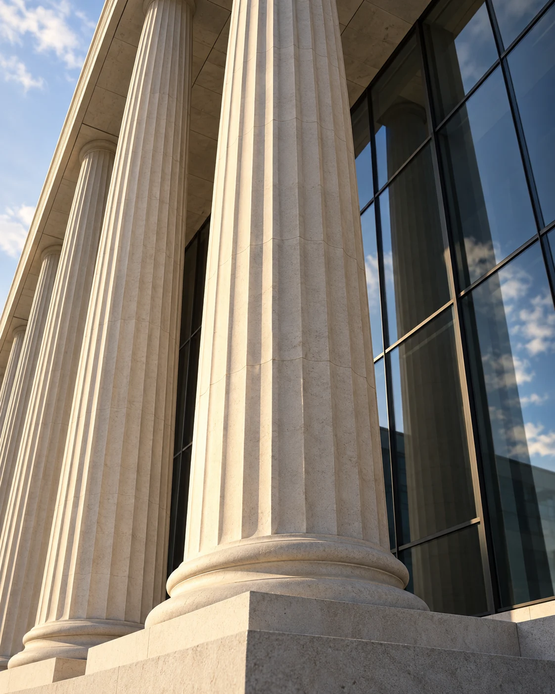 Sunlight across sculpted stone columns beside a glass facade